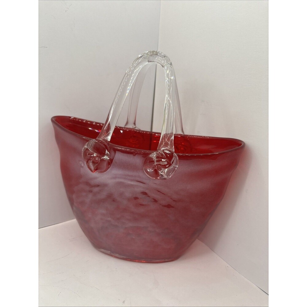 Vintage Murano-Style Ruby Red Blown Glass Purse Handbag Vase 9”H X 8.5”W